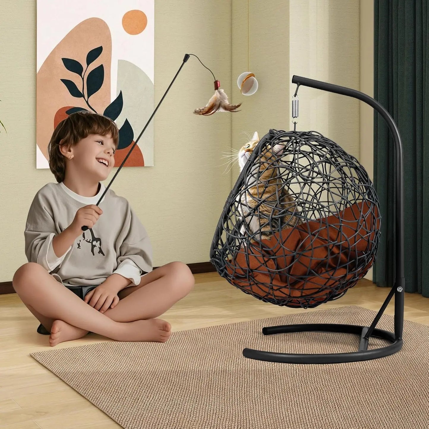 Indoor Outdoor Soft Cushion Rattan Pet House Hanging Cat Bed Hammock Swing Egg Chair for Small Animal-5