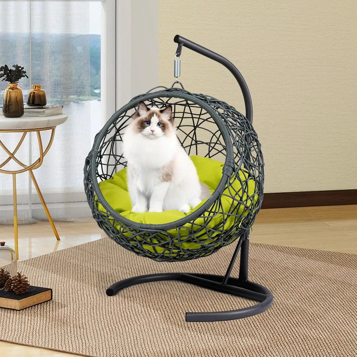Indoor Outdoor Soft Cushion Rattan Pet House Hanging Cat Bed Hammock Swing Egg Chair for Small Animal-6