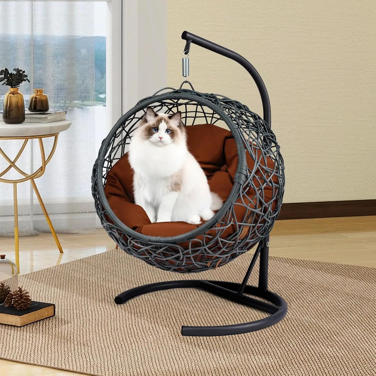 Indoor Outdoor Soft Cushion Rattan Pet House Hanging Cat Bed Hammock Swing Egg Chair for Small Animal-7