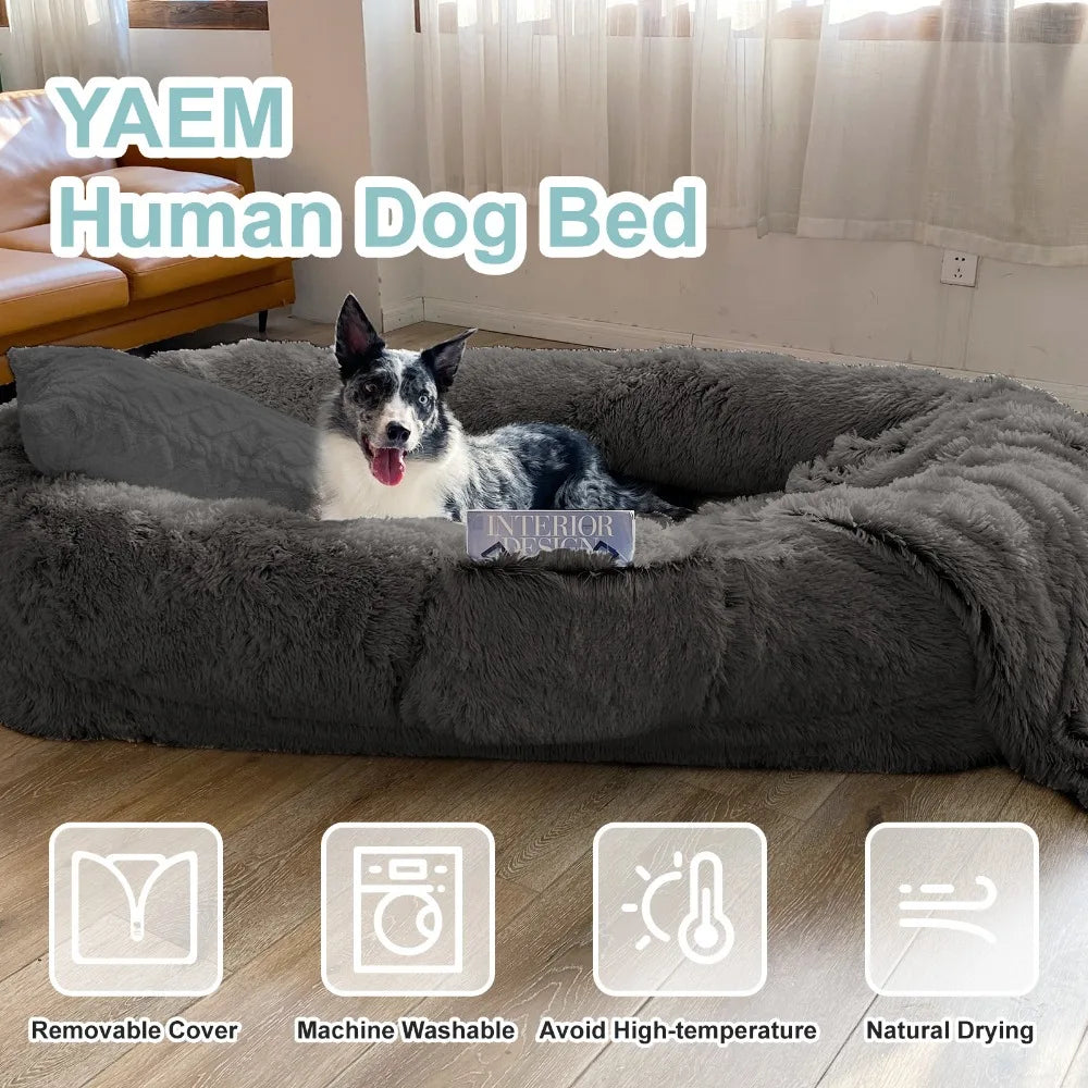 Human Dog Bed, 71''x45''x12'' Size Fits You and Pets, Washable Faux Fur Dog Bed for People Doze Off, Napping Orthopedic Dog Bed-4