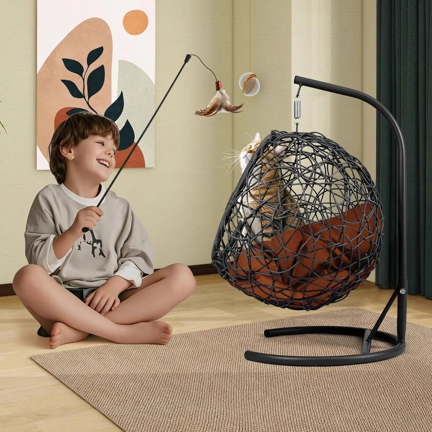 Indoor Outdoor Soft Cushion Rattan Pet House Hanging Cat Bed Hammock Swing Egg Chair for Small Animal-5