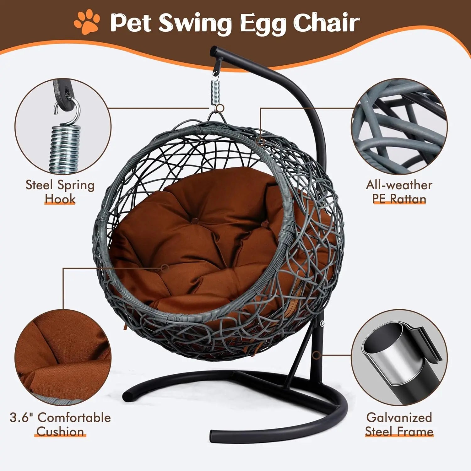 Indoor Outdoor Soft Cushion Rattan Pet House Hanging Cat Bed Hammock Swing Egg Chair for Small Animal-3