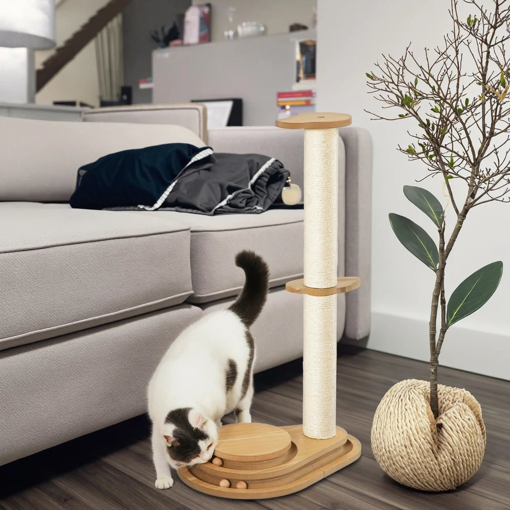 Modern 23" Tall Indoor Cat Tree Scratcher 2-Layer Wooden Ball Track with Sisal & Large Interactive Dangling Ball for Cats-0